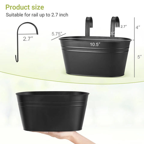 Product size dimensions of 10.5 Inch Metal Iron Hanging Flower Pots For Balcony Railing And Fence Window Garden Decor 3 Pack With Detachable Hooks Black Countryside Style Plant Holders For Home