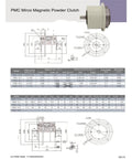Technical diagram of PMC Micro Magnetic Powder Clutch with specifications and dimensions, showing detailed engineering schematics.