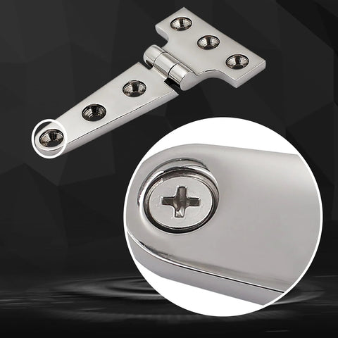 Front view of Laorde 316 stainless steel T-hinges, marine grade 4x2, chrome finish, 2-pack with screws