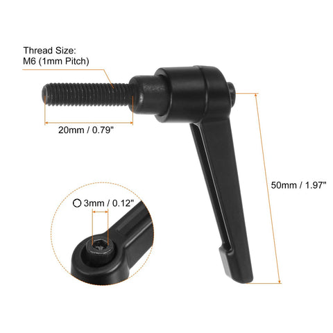 Side view of Six Piece Adjustable Clamping Lever Handles M6 20mm Male Thread Bolts, black aluminum, showing dimensions and design.