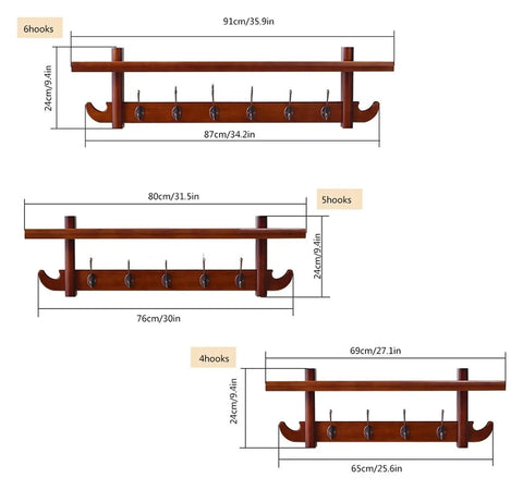 Heavy Duty Wall Mounted Coat Hooks Rack Combines Classic Vibe for Securing Coats Hats Jackets Keys Towels in Kitchen Closet Living Room, sizes and hooks shown.