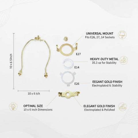 Gold Metal Lamp Stand Bracket Set With Horn Style Mount And Adapters For Table And Floor Lamps, Easy Shade Assembly, dimensions 10 by 6 inch, showing parts and fittings.