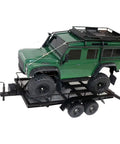 Heavy Duty Metal Trailer Cargo Carrier Kit For One Ten Scale RC Crawler Cars with green RC vehicle on trailer.