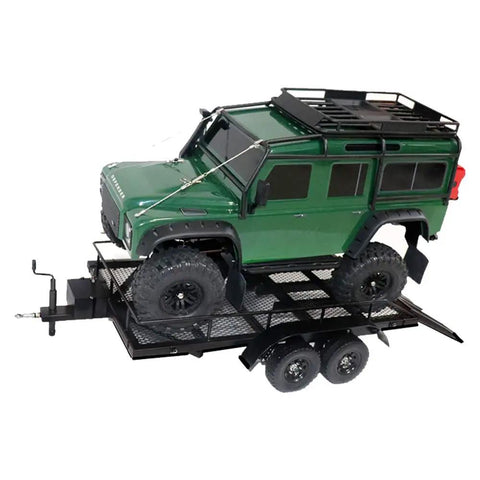 Heavy Duty Metal Trailer Cargo Carrier Kit For One Ten Scale RC Crawler Cars with green RC vehicle on trailer.