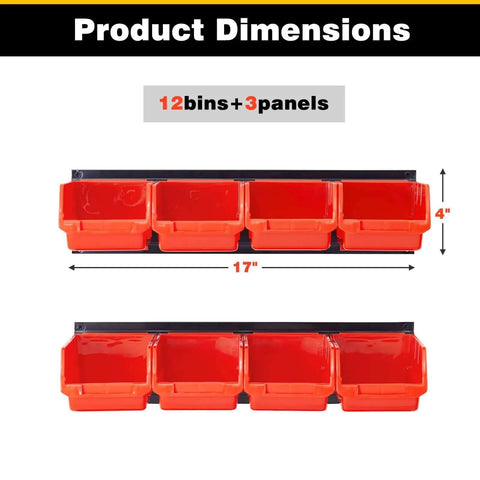 Wall Mounted Storage Bins Set With 12 Plastic Bins And 3 Rails For Garage Tools Hanging Organizer, orange and black bin view