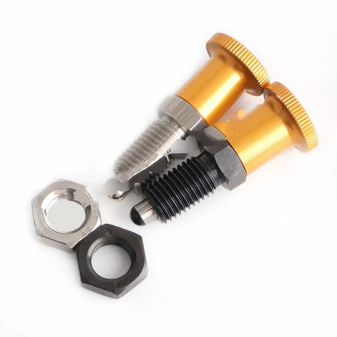 Built Tough Gold Knob Indexing Plunger Spring Pin With External Thread And Nut For Precise Vise Alignment CNC Machining And Heavy Duty Workshop Fixtures.