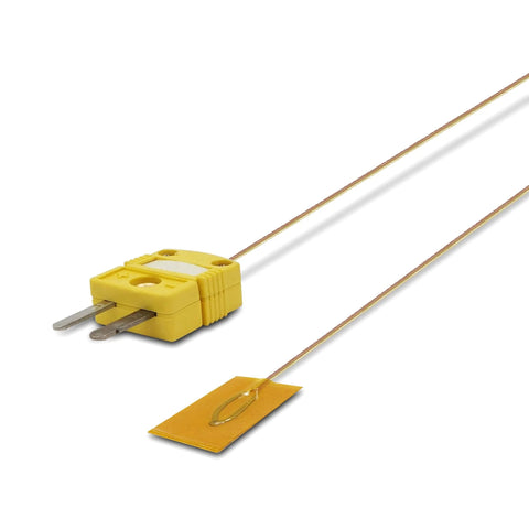 Front view of TL0225 surface-contact K-type thermocouple probe with adhesive sticker and yellow plug
