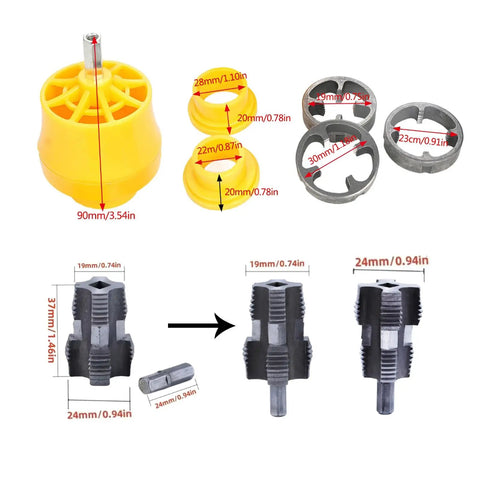 Khbyt Electric Drill PVC Pipe Threader Kit with 3 ABS dies for 1/2, 3/4, and 1 inch pipes, featuring yellow tap and black dies.