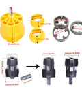 Heavy Duty Electric Pipe Threader Kit For Pvc And Metal Pipe showing yellow threading tool, metal cutters, and size measurements.