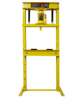 Tough As Nails 20 Ton Hydraulic Shop Press With Solid Steel H Frame Construction Perfect For Garage Mechanics Punching Out Old Bushings And Pressing New Bearings Without Breaking A Sweat In Classic Yellow, front view.