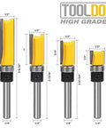 Pro Grade 4 Piece Flush Trim Router Bit Set with Top Bearing Quarter Inch Shank Cutting Lengths Half Inch to One And A Half Inch C2 Carbide
