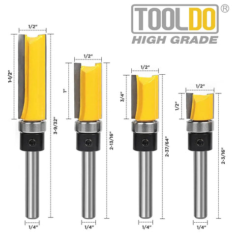 Pro Grade 4 Piece Flush Trim Router Bit Set with Top Bearing Quarter Inch Shank Cutting Lengths Half Inch to One And A Half Inch C2 Carbide