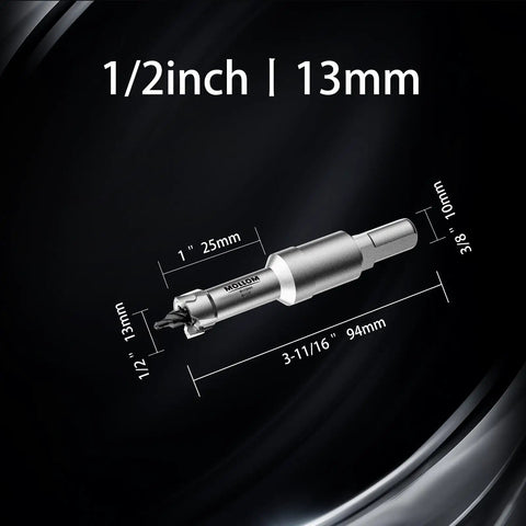 Beefy Heavy Duty Carbide Hole Saw Kit Half Inch 13mm With 2 Pilot Bits for fast cuts in stainless steel, mild steel, and more.