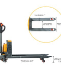Powerful 3300 Lb Full Electric Pallet Jack With Li Ion Battery showing fork dimensions and maneuverable design for easy material handling.
