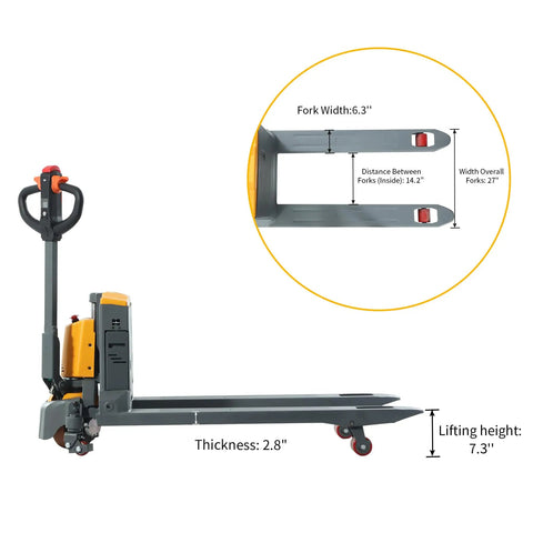 Heavy Duty 3300 Lb Electric Pallet Jack With Smart Control Handle And Fast Lifting, showing fork dimensions and lifting specs.
