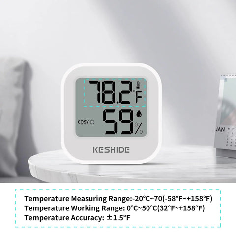 All In One Room Humidity And Temperature Meter With LCD Display Accurate Hygrometer Thermometer For Bedroom Nursery Office Greenhouse And Cellar Easy To Read Sensor With Precise Temperature And Humidity Readings, white square unit on table