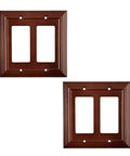 Brown Wood Grain Outlet Covers Four Pack For Decorator Duplex Toggle And Combo Switch Plates 1 Gang Durable Bamboo Fiber Wall Plates With Easy Install Rustic Mahogany Look showing two covers.