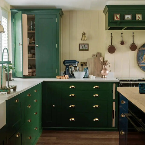 10 Pack Unlacquered Brass Cabinet Knobs And Pulls Set, Solid Brass Hardware With Living Finish, Naturally Patina Aging, Polished Gold Look, Subtle Color Variations, Fingerprint Friendly, Ideal For Kitchen, Bath, And Furniture Cabinets on green kitchen cabinets