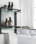 Heavy Duty Lavatory Glass Bathroom Shelf With Huge Storage Space Two Tier Tempered Glass Shower Shelves With Towel Bar Wall Mounted Matte Black Aluminum Finish 15 By 5 Inches with toiletries