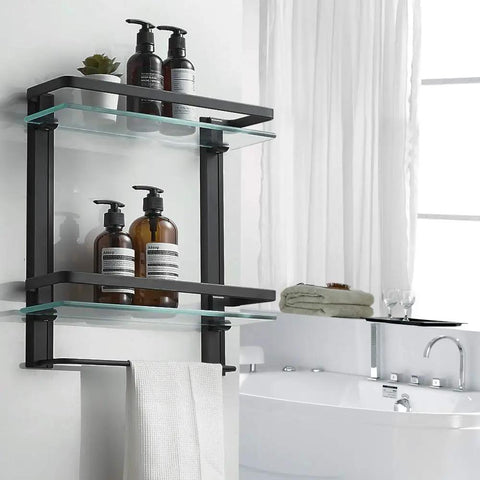 Heavy Duty Lavatory Glass Bathroom Shelf With Huge Storage Space Two Tier Tempered Glass Shower Shelves With Towel Bar Wall Mounted Matte Black Aluminum Finish 15 By 5 Inches with toiletries