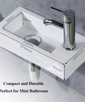 Bathroom Corner Sink With Wall Hung Mount, Rectangular Ceramic Cloakroom Basin In White, shown with faucet and dimensions