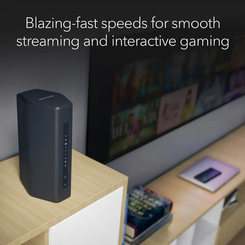 Nighthawk WiFi 7 Router Dual Band With Blazing 6.5Gbps Speeds next to gadgets on a shelf, ideal for streaming and gaming.