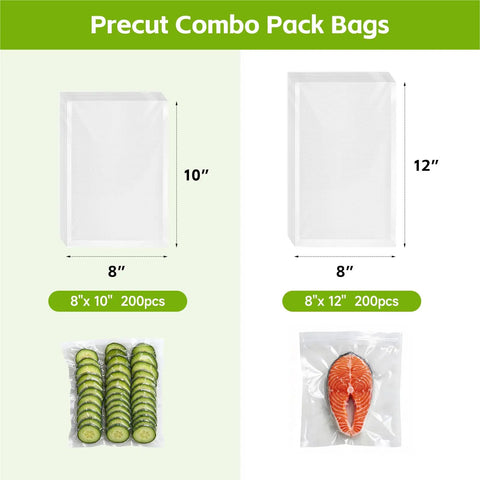 Pre Cut Vacuum Sealer Bags For Food 200 Count 8x10 BPA Free Embossed with cucumber and salmon visual