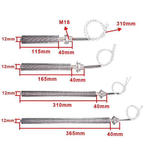 220V Electric Finned Air Heater Element M18 Thread Cartridge Radiator sizes 115mm, 165mm, 310mm, 365mm stainless steel design for heating.