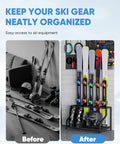 Before and after using Badass Heavy Duty Wall Mount Ski And Snowboard Storage Rack For Garage Holds Four Pairs With Helmet Goggle Gloves Organizer Shelf Solid Black Winter Gear Setup.