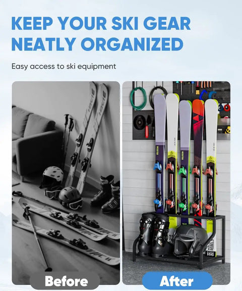 Before and after using Badass Heavy Duty Wall Mount Ski And Snowboard Storage Rack For Garage Holds Four Pairs With Helmet Goggle Gloves Organizer Shelf Solid Black Winter Gear Setup.