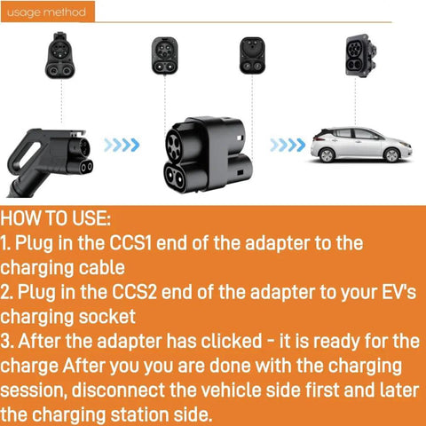 Illustration showing usage method for Heavy Duty CCS1 to CCS2 EV Charger Adapter DC Fast Charging Connector.