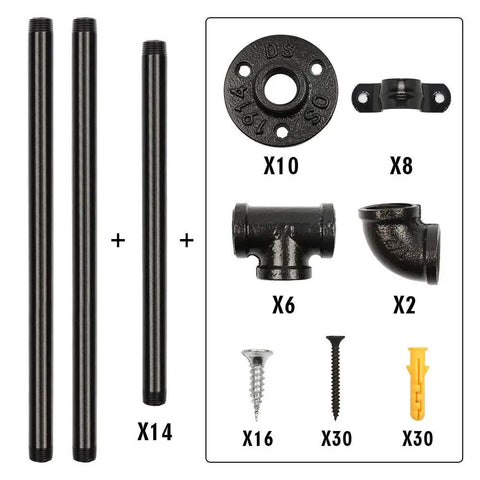 Components of Industrial Style Wall Mount Pipe Shelf Kit Black 4 Tier Open Bookshelf DIY Iron Pipe Shelving System Two Pack.