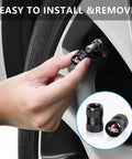 Toyota Tire Valve Stem Cap Covers Universal Aluminum Alloy 4 Pack shown on a car tire, easy to install and remove.