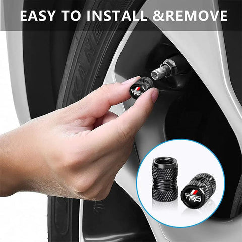 Toyota Tire Valve Stem Cap Covers Universal Aluminum Alloy 4 Pack shown on a car tire, easy to install and remove.