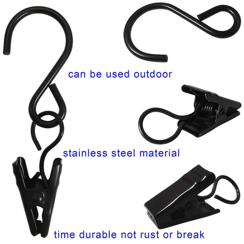 Stainless Steel S Hooks Curtain Clips 50 Pack For String Lights Photo Displays And Gutter Hangers Heavy Duty Indoor Outdoor Clip Hangers 2.4 Inch Long Black