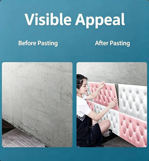 Before and after installation of Solid White 3D Foam Wall Protectors, showcasing wall padding transformation.