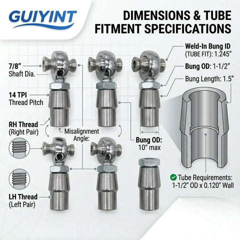 7/8-14 Heim Joint Rod End Kit With Tube Adapters For Heavy Duty Off Road Suspension, Chromoly 0.875 Inch Joints Panhard Kit Right And Left Hand Thread With Jam Nut And Bung, Includes 2 Pairs. diagram of 7/8-14 chromoly heim joints with tube adapters, RH and LH threads