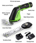 2-In-1 Cordless Grass Shear And Hedge Trimmer With 2.0Ah Battery, shown with grass and shrub blades, charger, and dock