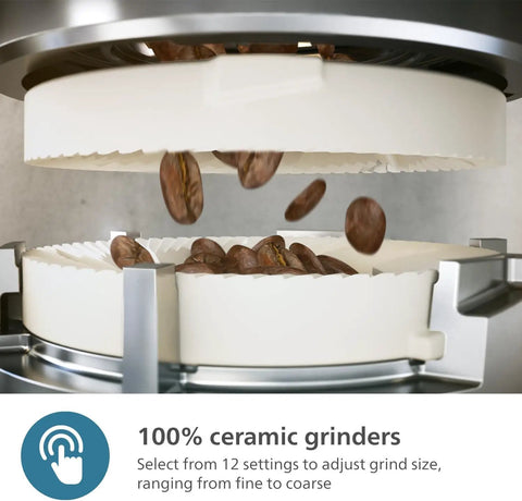 Close-up of 5500 Series Fully Automatic Espresso Machine With LatteGo Milk System Integrated Grinder showing ceramic grinders.