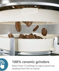 Premium Fully Automatic Espresso Maker With LatteGo Milk Frother And 20 Drink Recipes featuring 100% ceramic grinders for precise coffee grinding.
