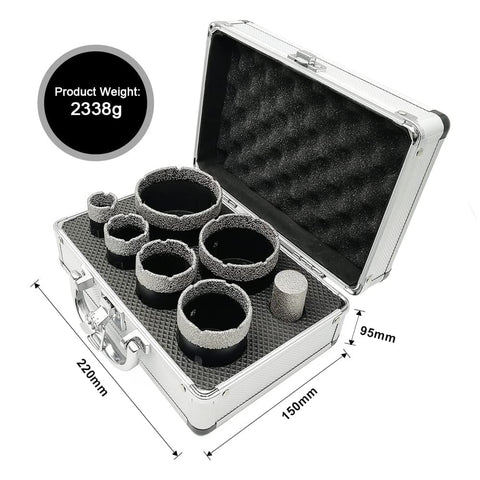 Pro Grade Diamond Core Drill Bits Set for Porcelain Tile Ceramic Marble Brick Hole Saw Kit 7 Piece with open case view