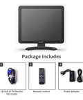 Package with 15 Inch CCTV Monitor With BNC VGA HDMI AV Inputs, 4:3 1024x768 HD Display, remote control, and power adapter