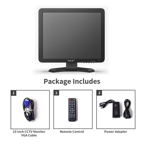 Package with 15 Inch CCTV Monitor With BNC VGA HDMI AV Inputs, 4:3 1024x768 HD Display, remote control, and power adapter