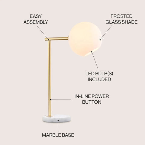 Gold And White Modern Metal Marble LED Bedside Lamp With Frosted Glass Globe Shade Sleek Minimalist Scandinavian Style For Bedroom And Living Room Includes Energy Saving LED Bulbs ETL Listed