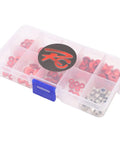 Premium Aluminum CNC Machined RC Screw Washer Kit with Red Anodized Flat Cup Head Washers and Nuts in Plastic Box