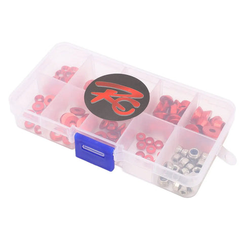 Premium Aluminum CNC Machined RC Screw Washer Kit with Red Anodized Flat Cup Head Washers and Nuts in Plastic Box