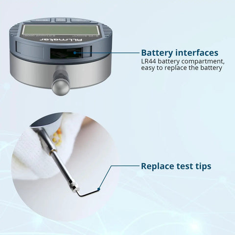 Digital Dial Indicator With Magnetic Base For Precise Measurement showing battery compartment and test tip replacement.