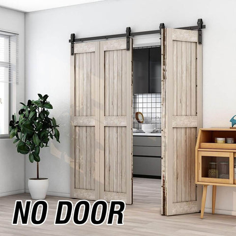 72 Inch Bi Fold Sliding Barn Door Hardware Kit For Four Doors Fit 68 Inch Opening installed in a modern room with J shape hangers.
