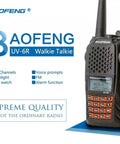 UV-6R Ham Radio Handheld 5W Walkie Talkie For Adults with features list and branding on display