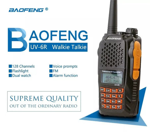 UV-6R Ham Radio Handheld 5W Walkie Talkie For Adults with features list and branding on display